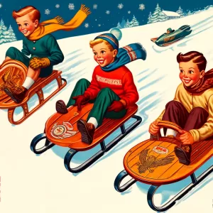 A vintage winter collage of three cartoon children riding different Flexible Flyer sled models