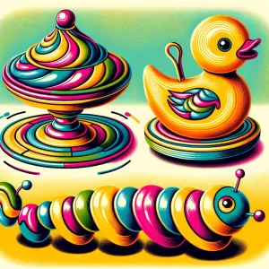 classic Kouvalias pull toys_ 'The Spinning Top', 'The Wobbly Duck', and 'The Caterpillar'. 'The Spinning