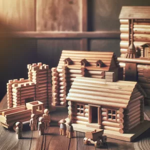 various classic Lincoln Logs sets including a log cabin, a fort